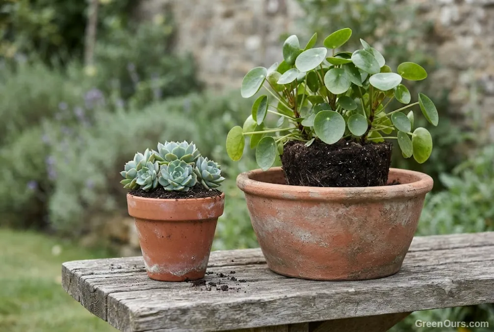 Small and large plant pots side by side showing the difference in soil volume