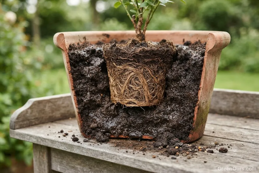 Diagram-style cross section showing a small root ball surrounded by excess wet soil in an oversized pot