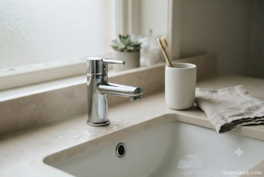 Hand turning off a kitchen tap while a toothbrush rests on the sink edge