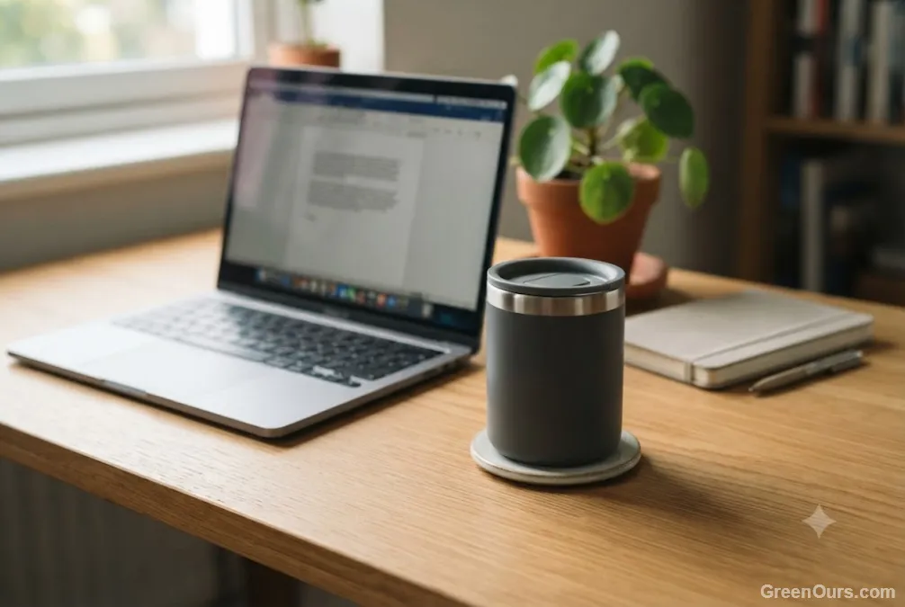Reusable coffee mug sitting on a desk beside an open laptop