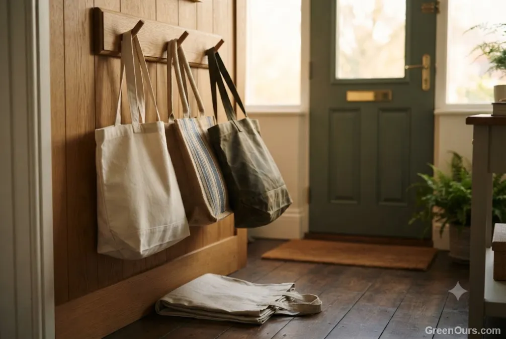 Reusable canvas shopping bags hanging by a front door