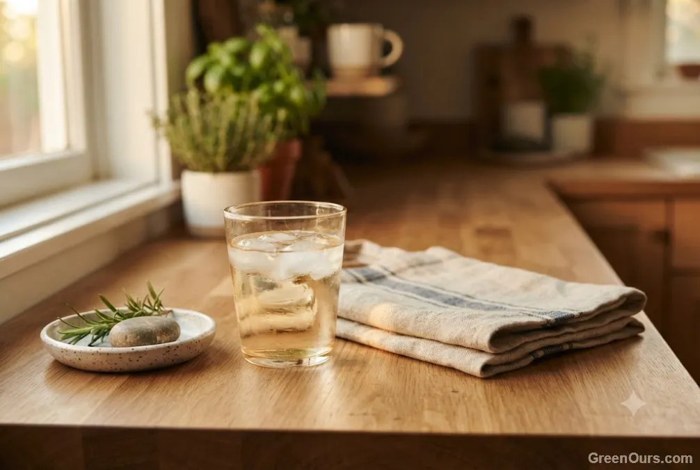 A single glass of water and a folded reusable bag on a kitchen counter