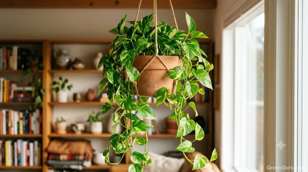 Simple houseplant setup near a window with a small watering can nearby