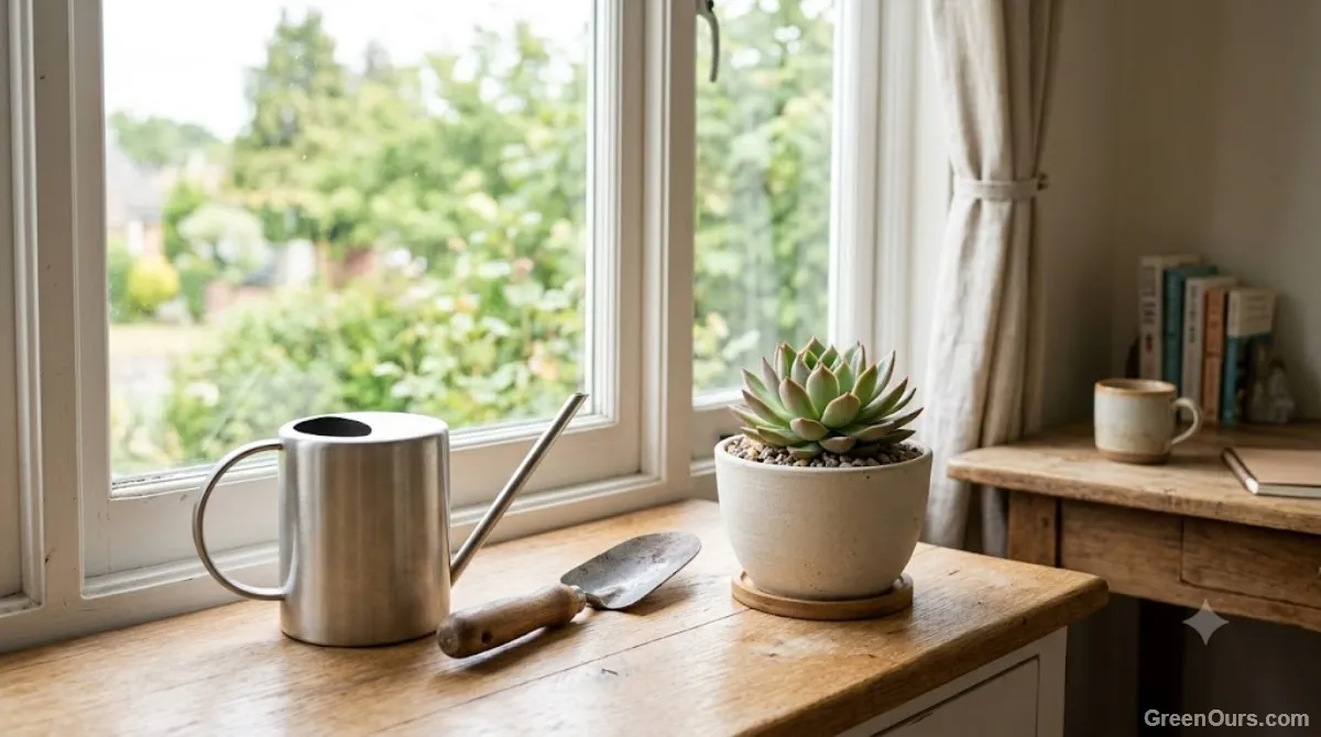 Houseplant pot sitting in a saucer with visible standing water