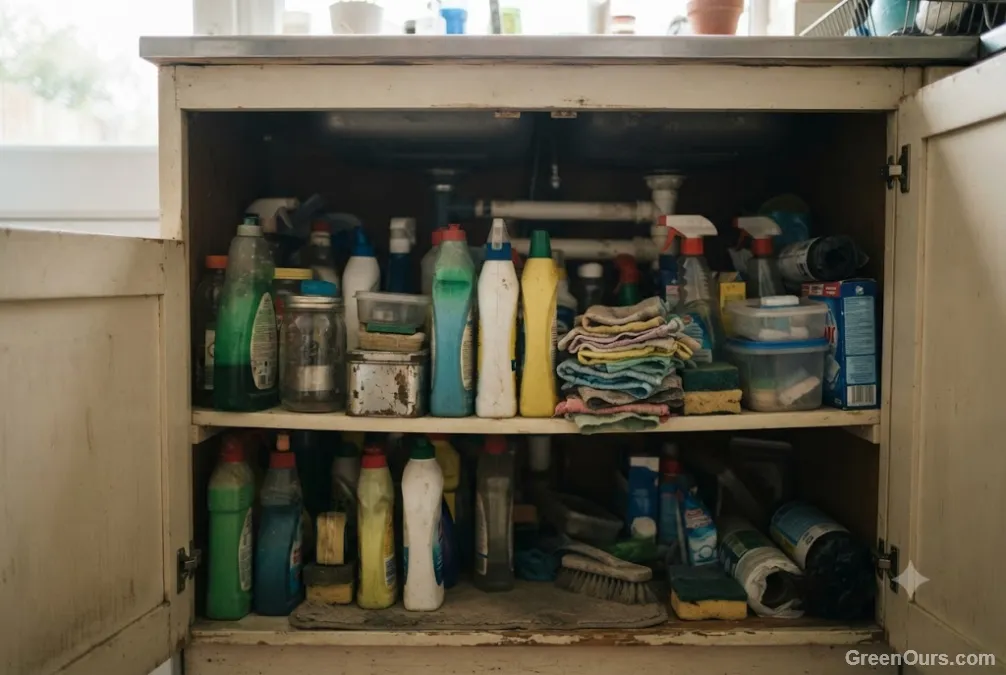 Cluttered under-sink cabinet with half-used cleaning and storage products