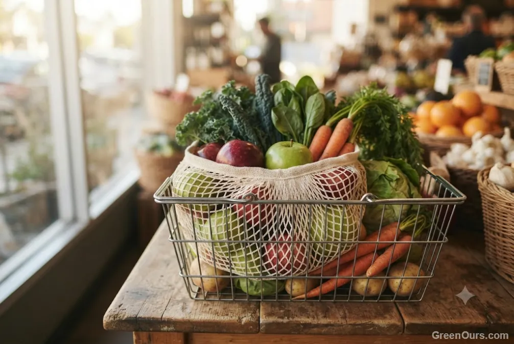 Reusable produce bag being filled with vegetables at a grocery store