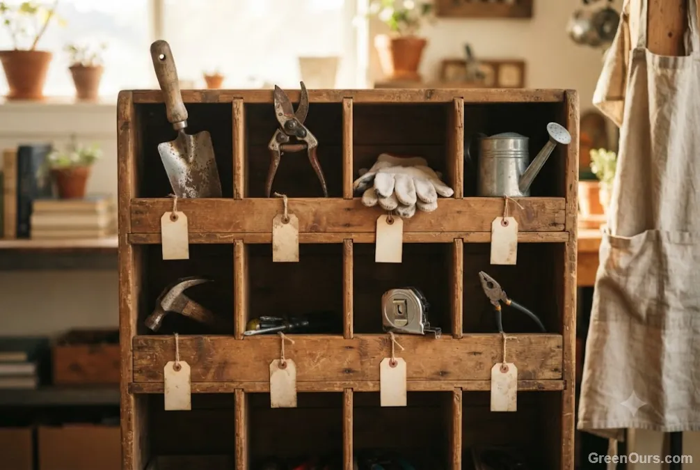 Community tool-sharing shelf with labeled items available to borrow