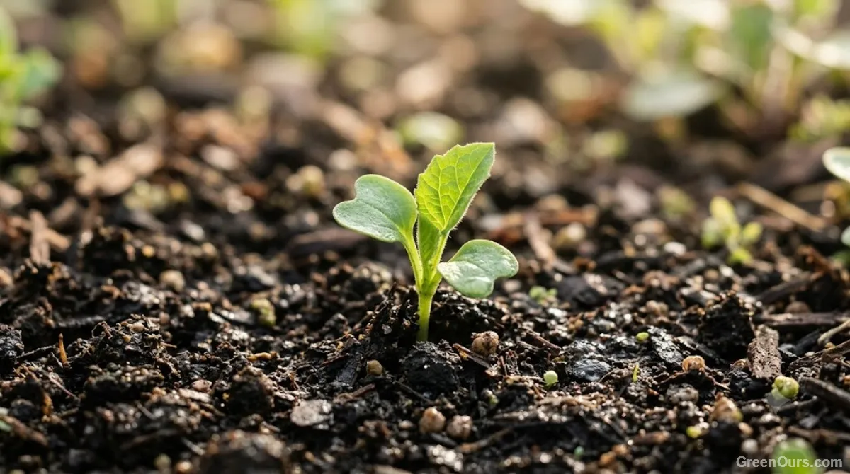 Rows of young vegetable seedlings emerging from soil in early spring garden light
