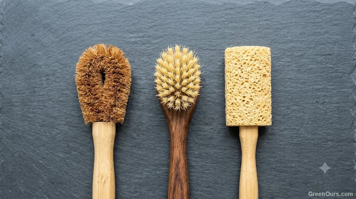 Coconut fiber dish brush head with slightly worn bristles after months of daily use