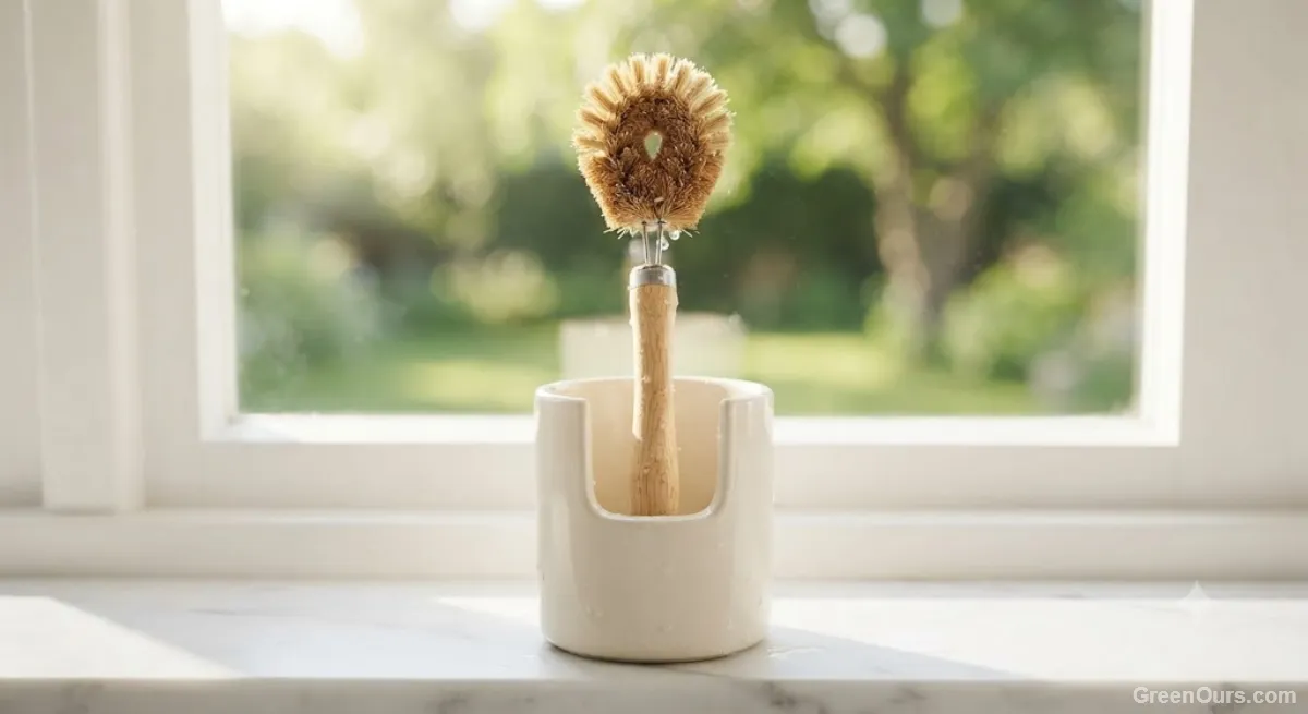 Dish brush standing upright in a small holder to air dry between uses