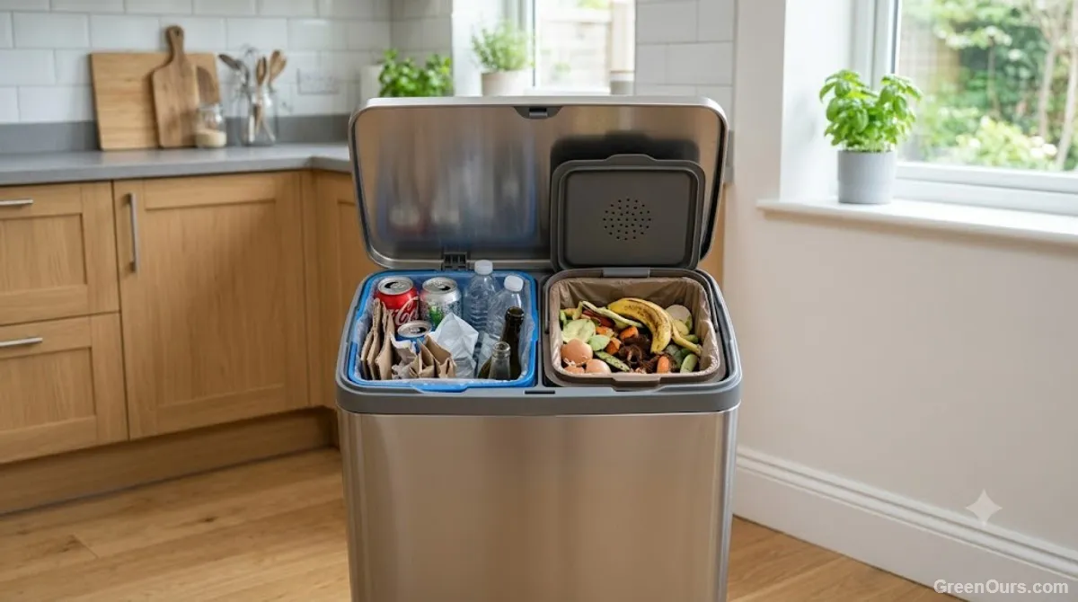 A kitchen trash can with a built-in compost compartment separated from the main bin