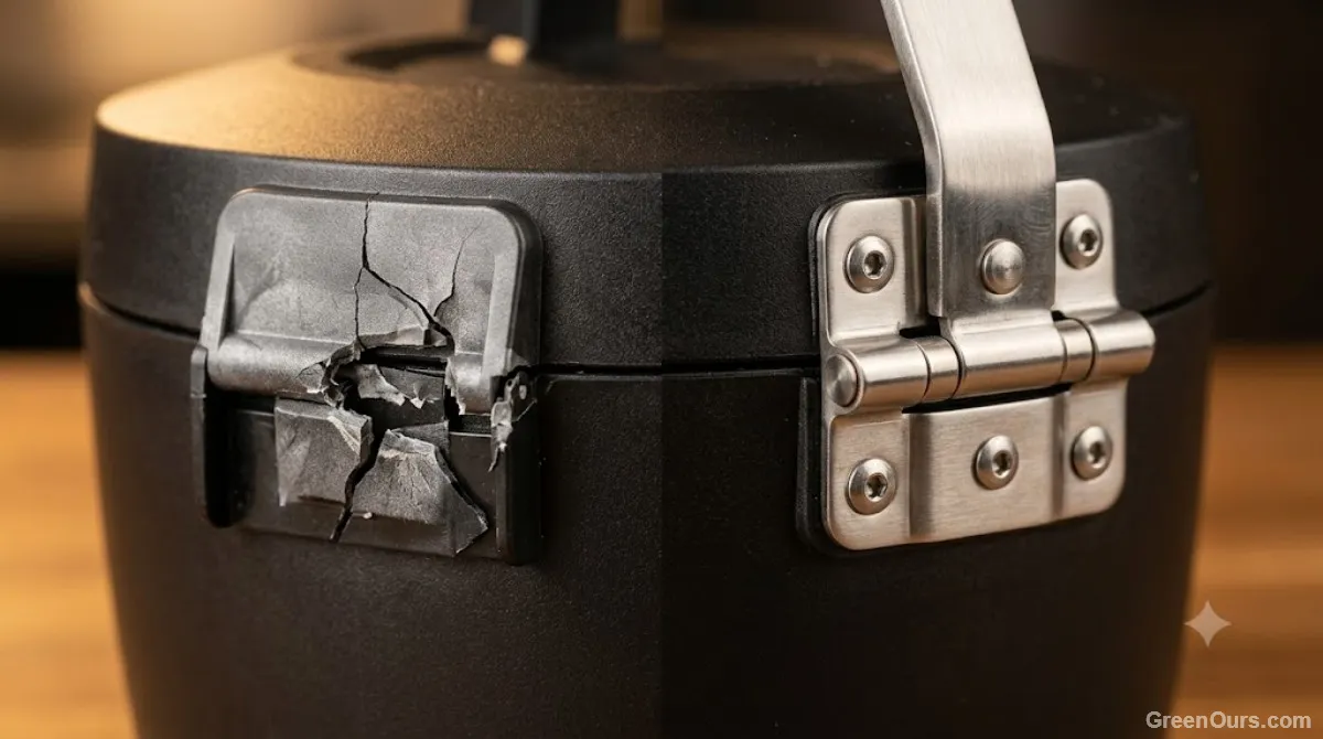 A worn plastic trash can lid hinge next to a reinforced stainless steel hinge