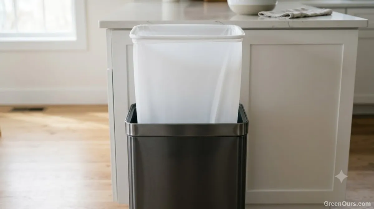 A removable trash can liner being lifted out of a smooth interior bin for cleaning
