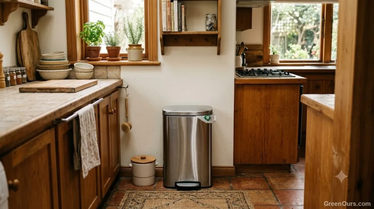 A well-used but still sturdy trash can in a tidy kitchen corner