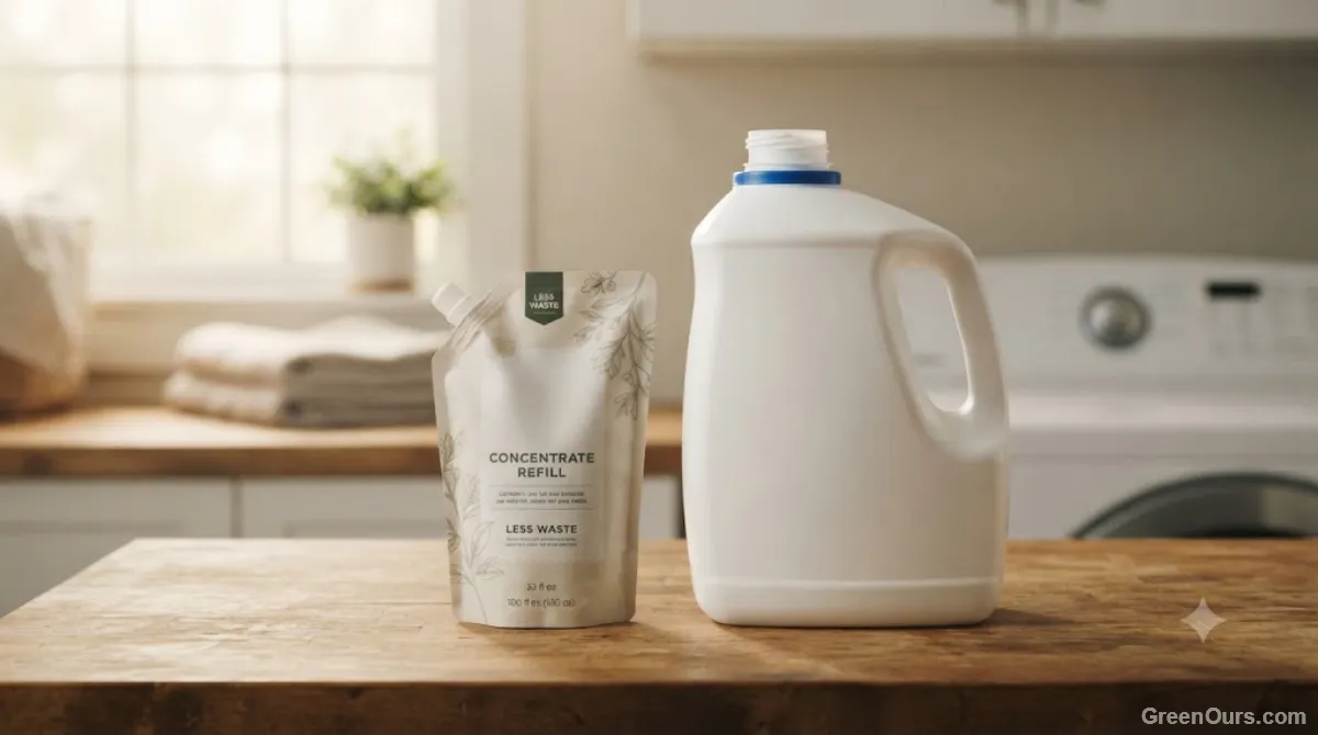 Concentrated detergent refill pouch beside an empty plastic jug