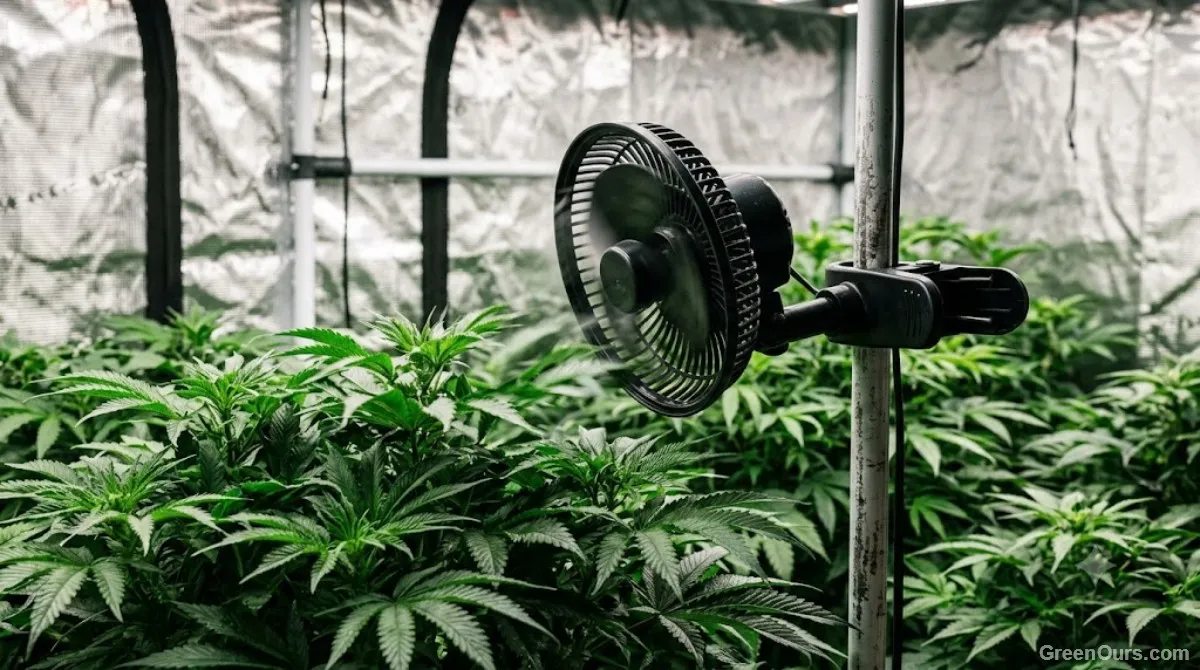 Oscillating clip fan mounted inside a grow tent moving air across a row of leafy plants