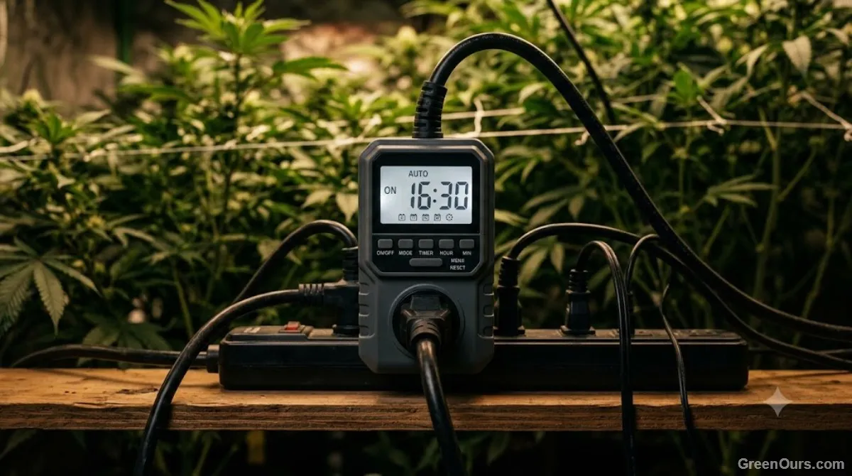 Digital hygrometer and thermometer combo unit clipped to a grow tent pole showing temperature and humidity readings