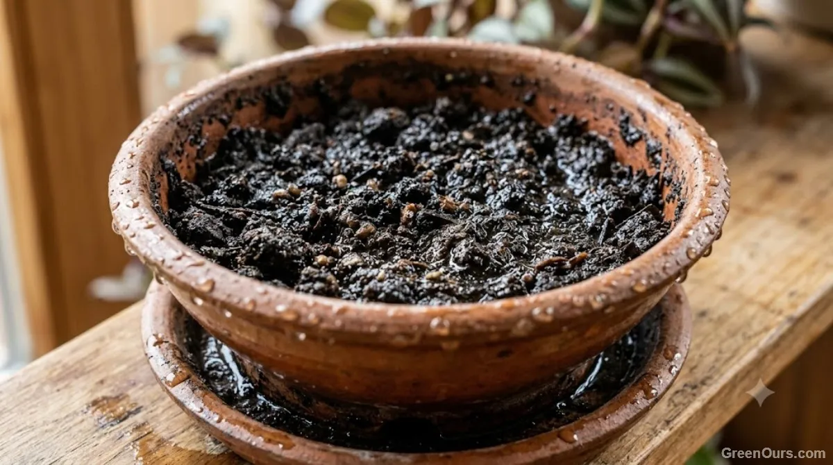 Yellow sticky trap positioned just above the soil surface in a potted plant