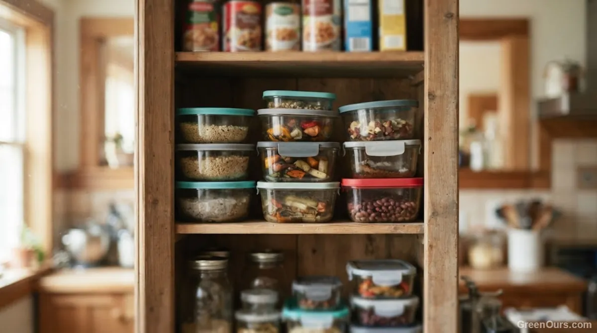An open pantry cabinet with an uneven stack of mismatched glass and plastic containers