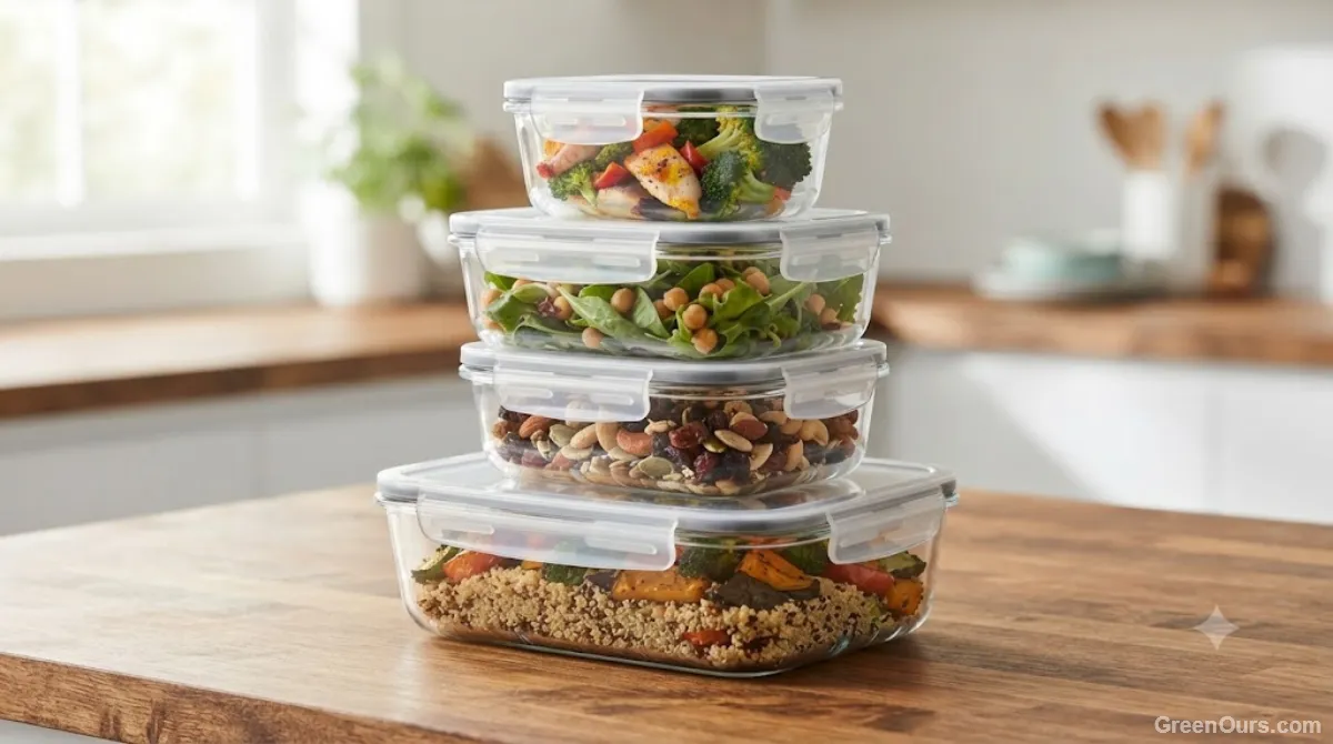 A stack of clear glass food storage containers with locking lids on a wooden counter