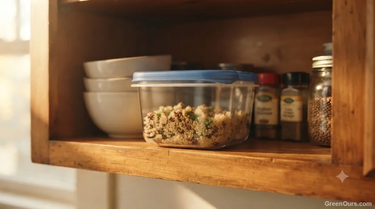A well-used plastic food container resting neatly inside a warm wooden kitchen cabinet