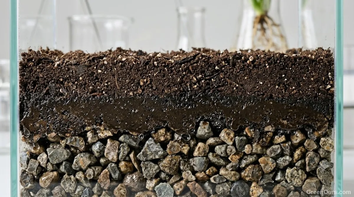 Cross-section showing a saturated soil layer sitting above a gravel base in a plant pot