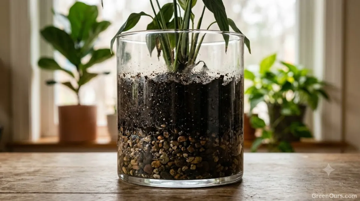 Wet, dark potting soil sitting directly above a layer of gravel at the bottom of a plant pot