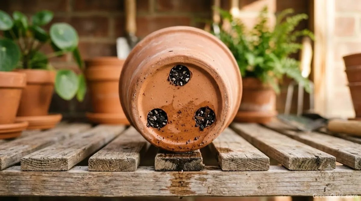 Terracotta pot with wide drainage holes and coarse, evenly textured potting mix
