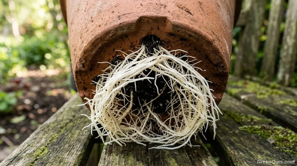 Healthy white plant roots visible through the drainage holes of a repotted container plant