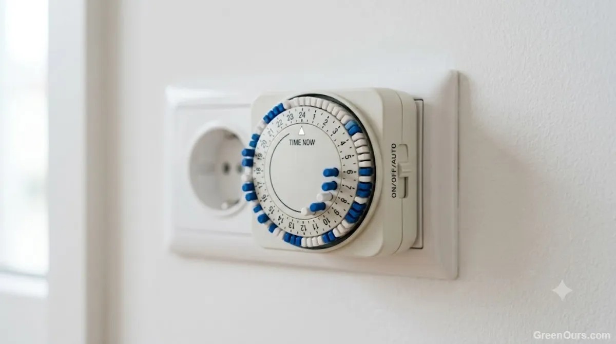 Digital timer dial set for a grow light schedule plugged into a wall outlet