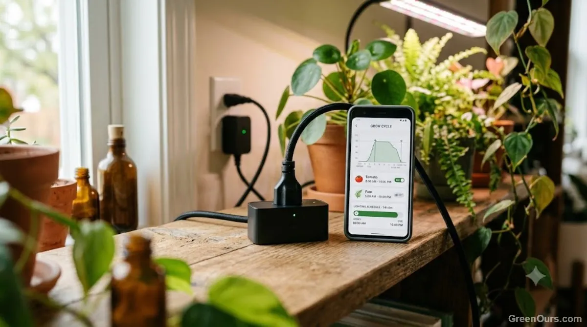 Smart plug connected to a grow light with a smartphone showing a schedule app nearby