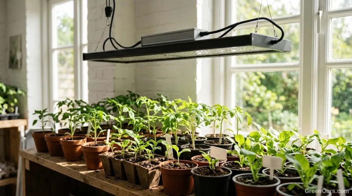 Grow light shelf lit only by ambient daylight after a lighting gap
