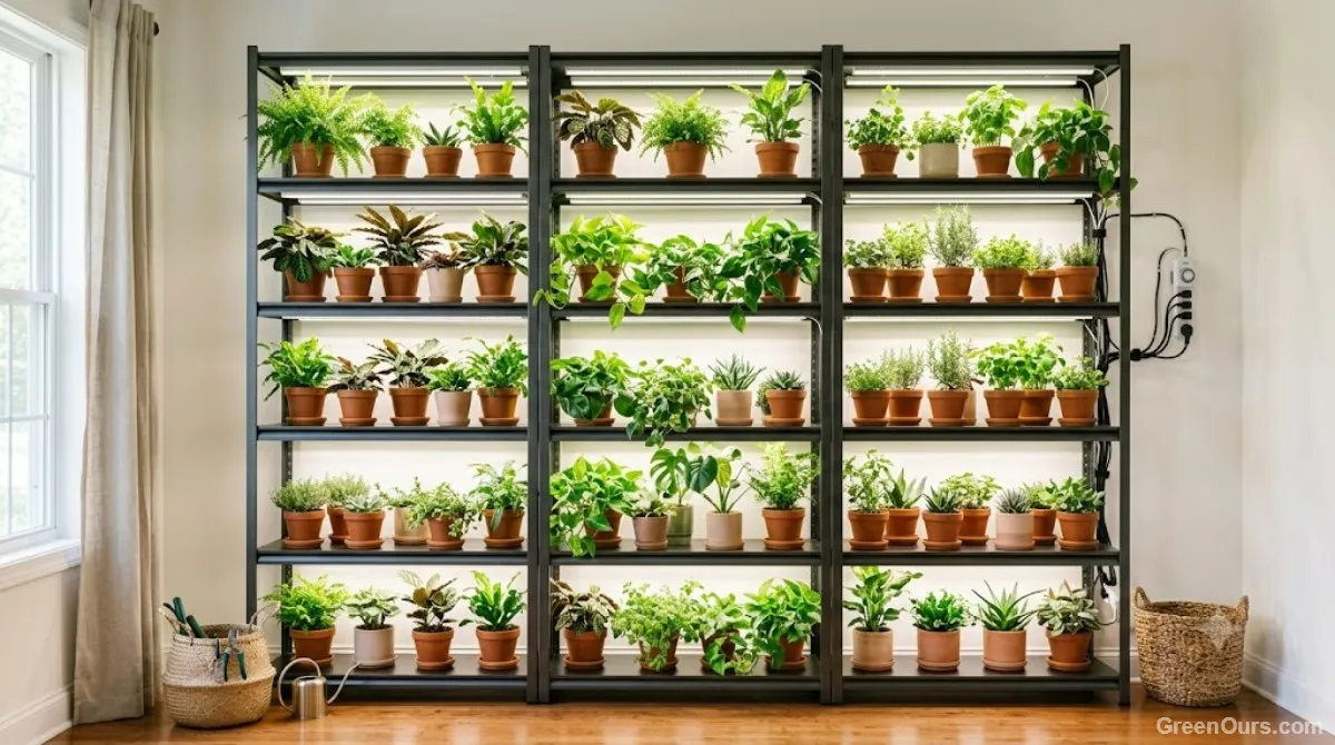 Wide shot of a well-organized grow light shelf with tidy cable management