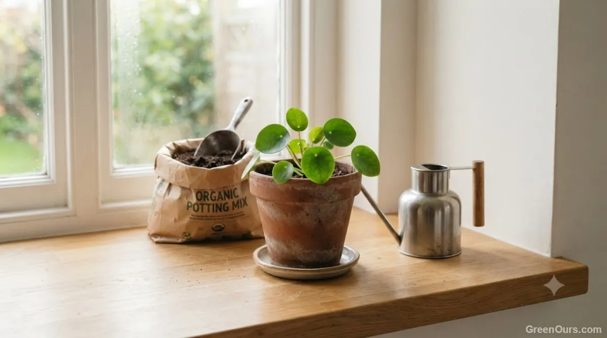 A simple collection of beginner houseplants including pothos and snake plant on a windowsill