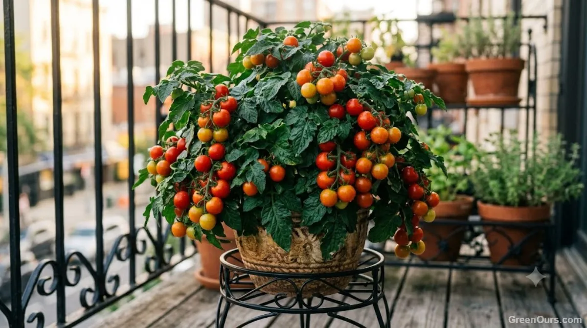 Small bowl of freshly harvested ripe tomatoes on a balcony table