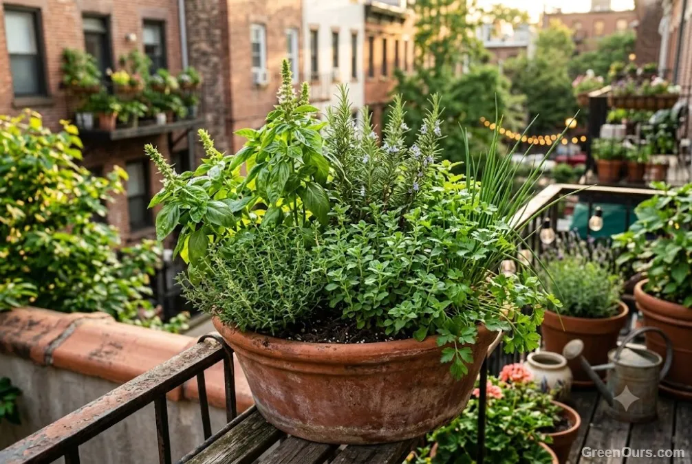 Basil, parsley, and chives growing in a wide rectangular planter with lush green foliage