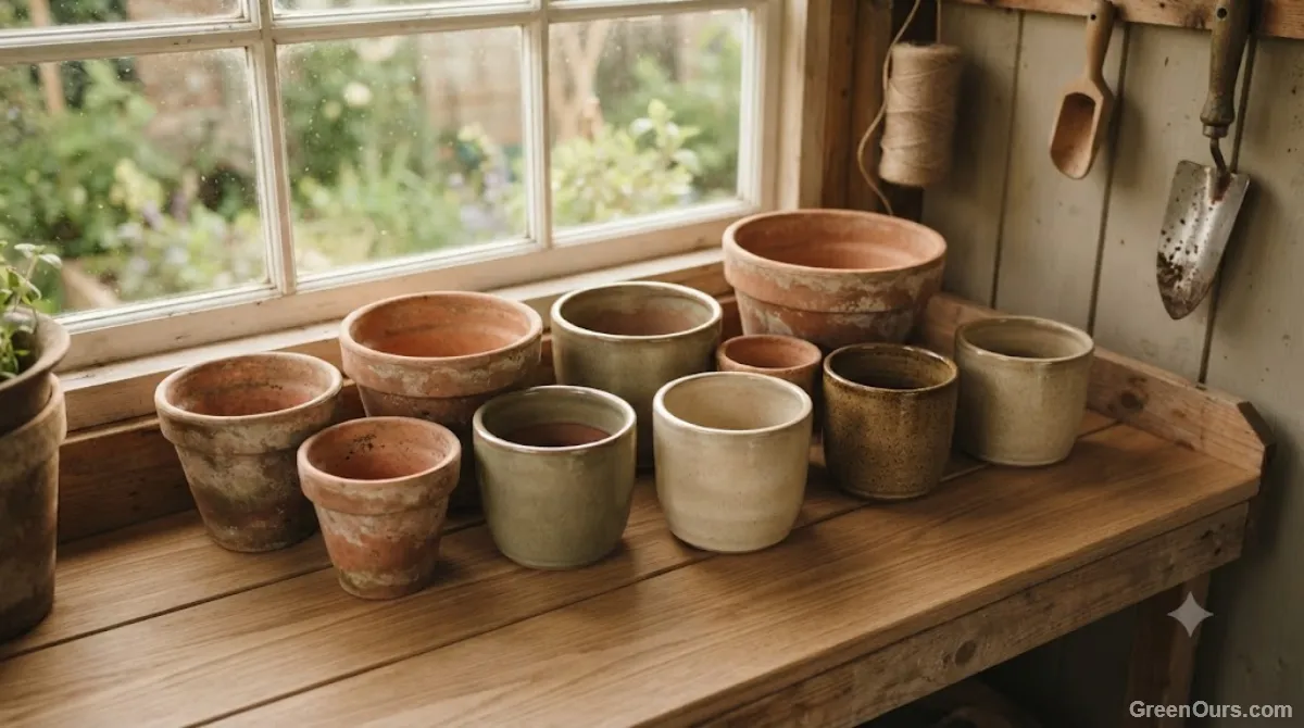 Terracotta and glazed ceramic pots of different sizes suited to two-, three-, and four-herb combinations