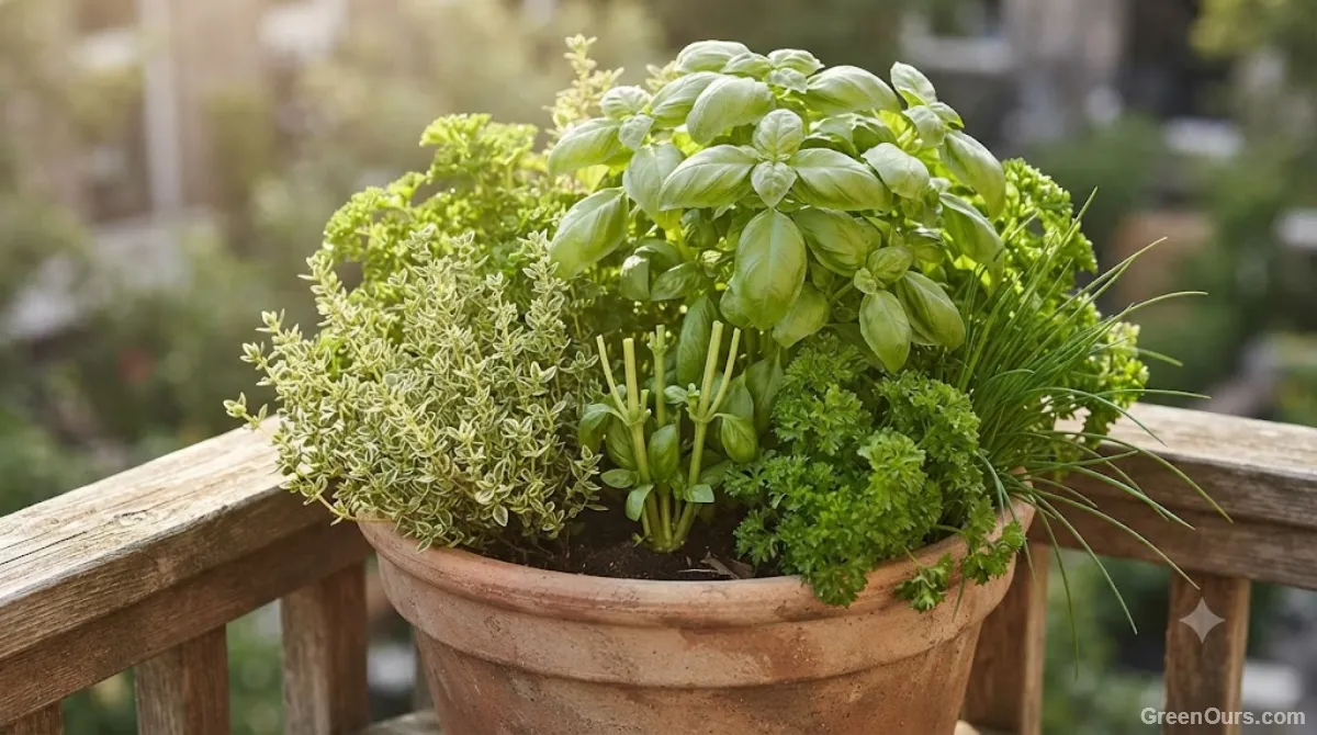 Hands harvesting fresh basil and parsley from a mixed herb container