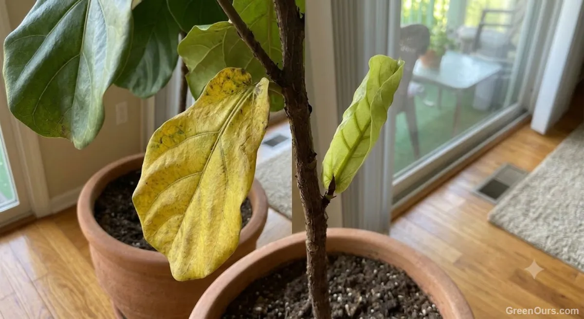 Close-up of a yellowed leaf next to a fresh new leaf unfurling on the same plant