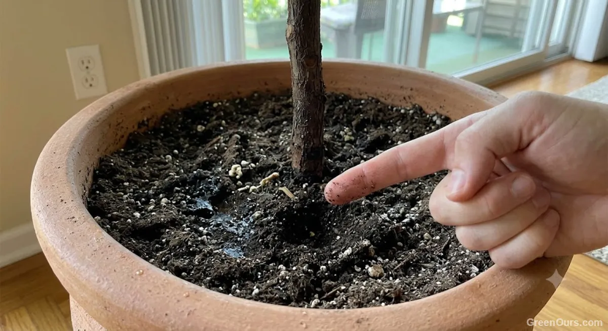 Soil at the base of a recently moved houseplant with visible surface moisture