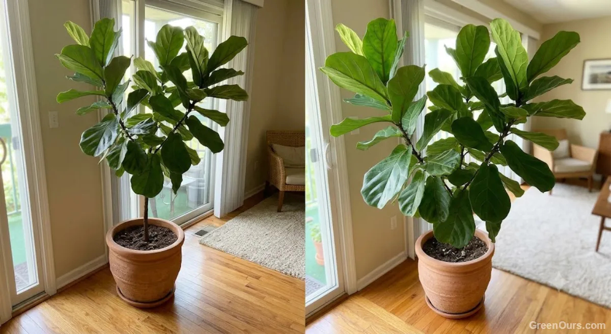 Full, upright houseplant with fresh new leaves growing in its new spot