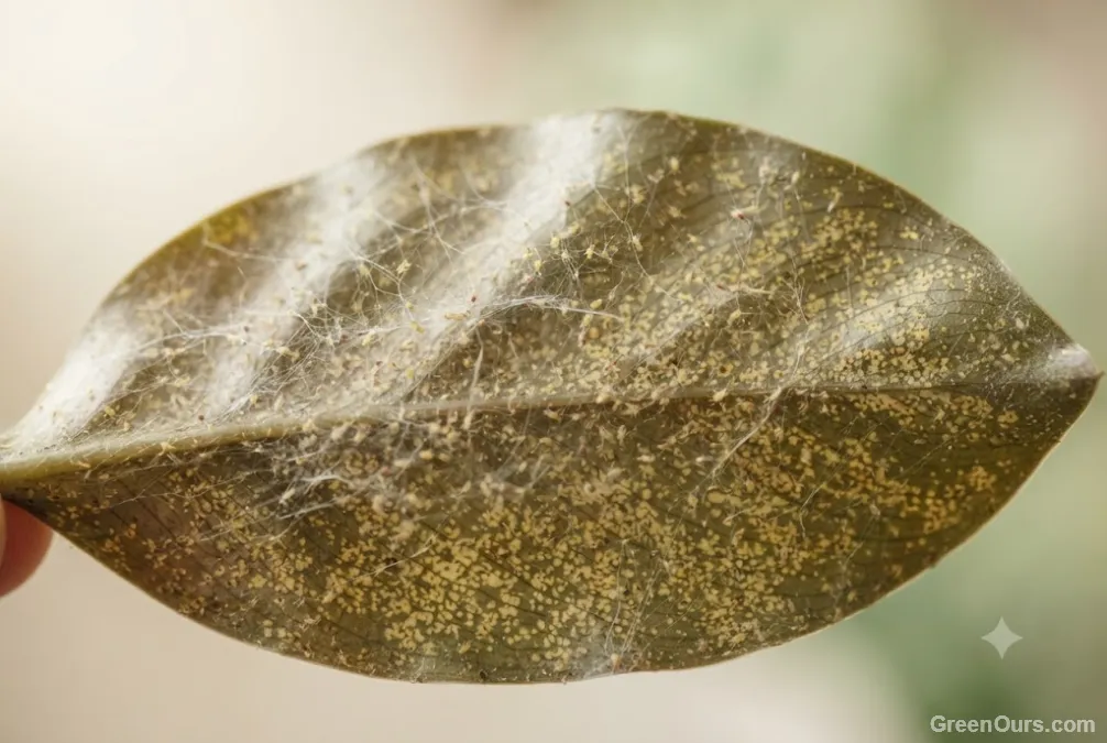 Close-up of a houseplant leaf underside showing fine spider mite webbing and stippling