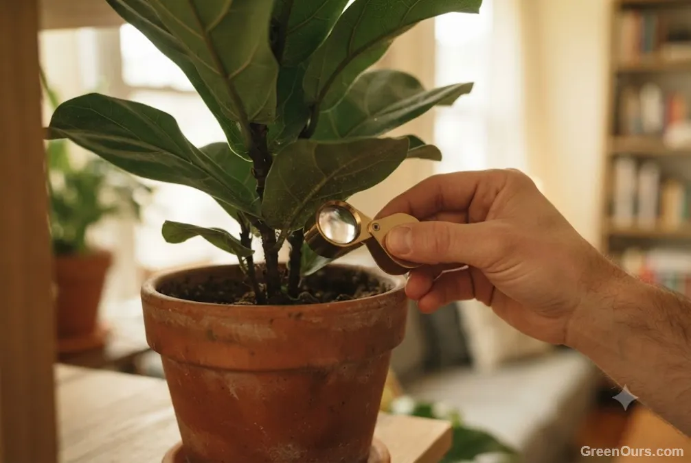 Person inspecting the underside of a new houseplant leaf with a small flashlight