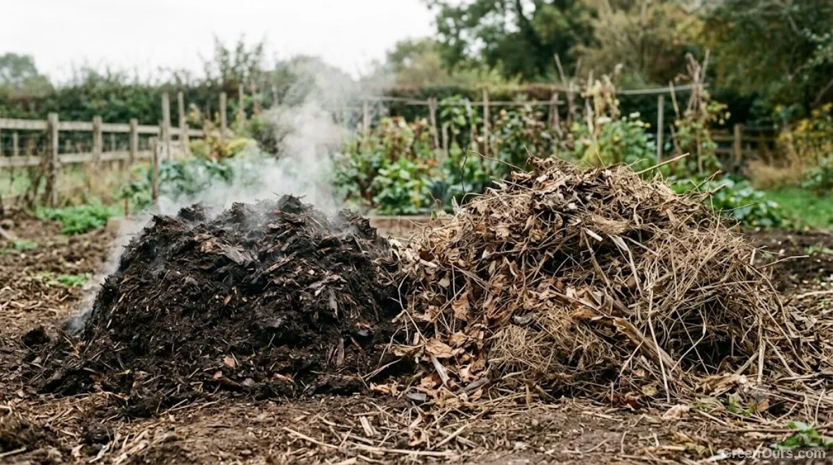 Side-by-side comparison of a steaming hot compost pile and a looser, relaxed cold compost heap