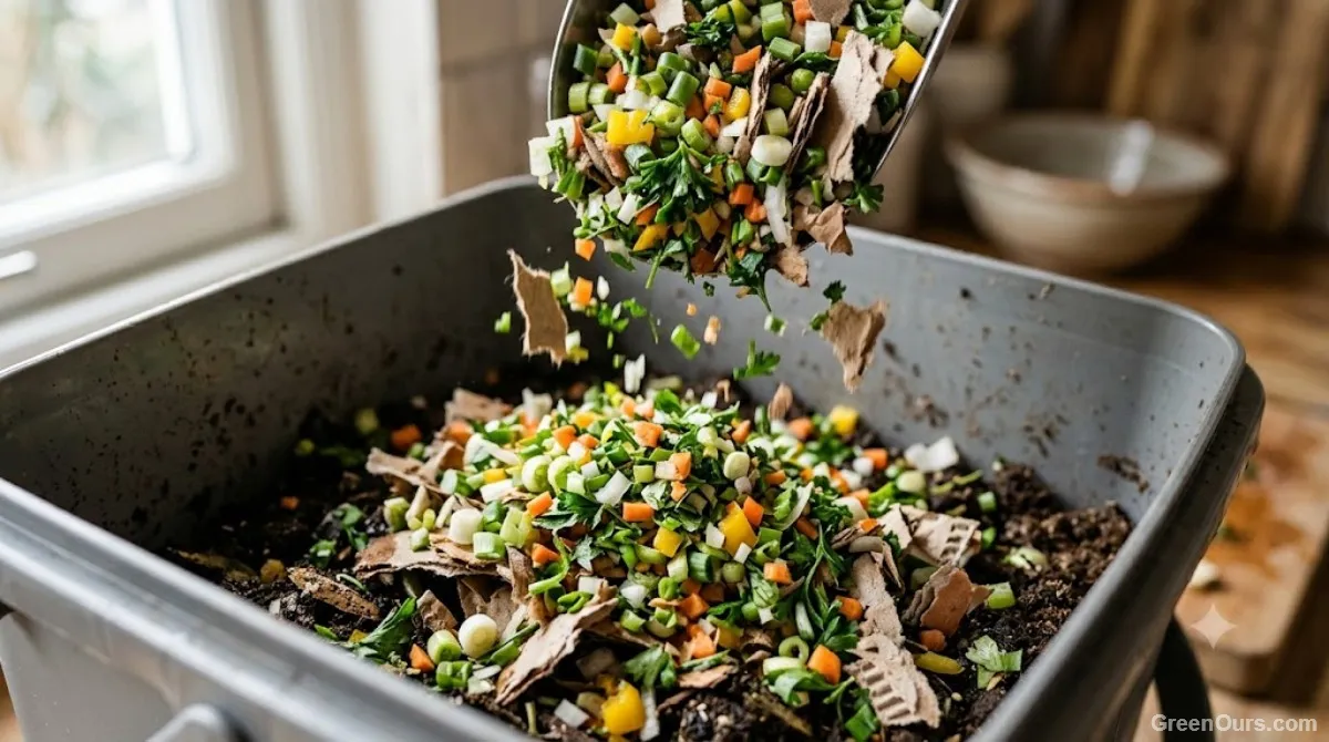 Chopped vegetable scraps and torn cardboard pieces being added to a compost bin