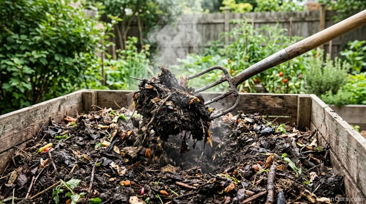 A pitchfork turning an open compost pile, revealing steam and layers underneath