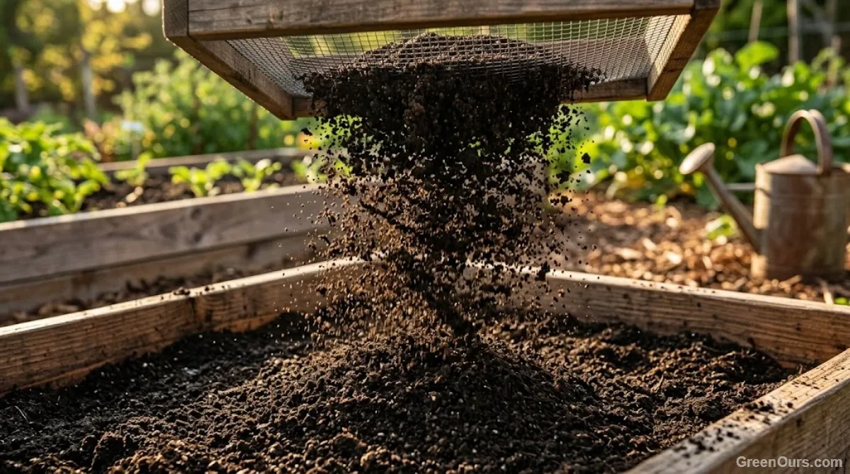 Dark, crumbly finished compost being sifted by hand over a garden bed