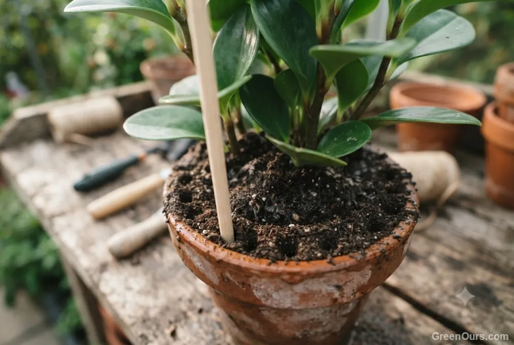 Wooden dowel being inserted into potting soil near the edge of a pot