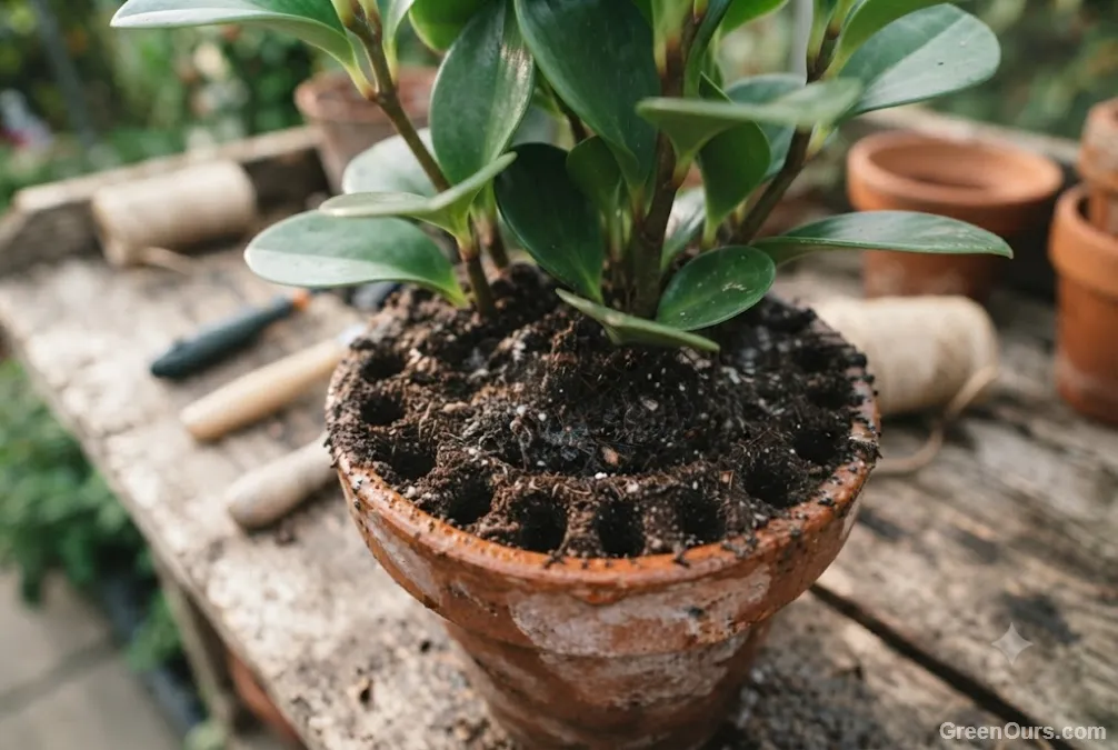 Ring pattern of aeration holes visible on potting soil surface before watering