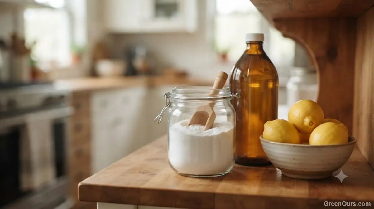 Open kitchen cupboard showing white vinegar, bicarbonate of soda, a lemon, and a folded cloth